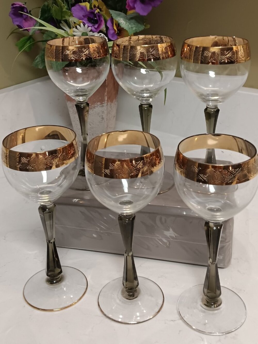Vintage Set of 6 Luminarc 7.5" Black Stem Gold Trim Crystal Glasses